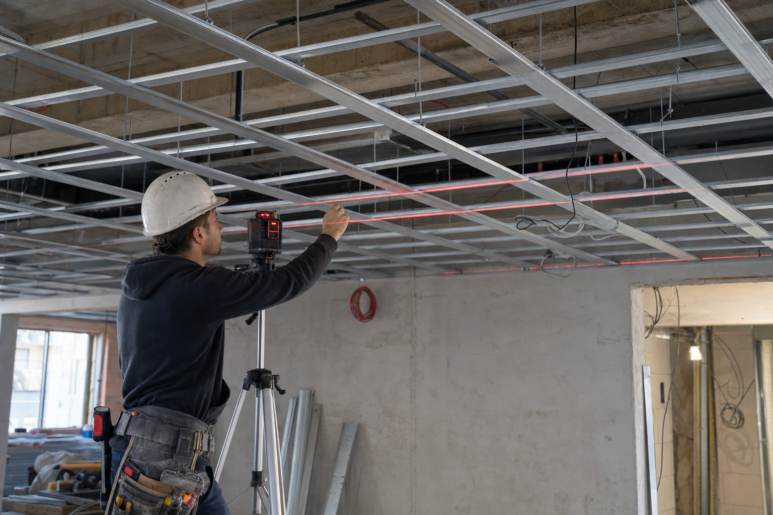 Misurazione con livella laser durante l'installazione di un controsoffitto
