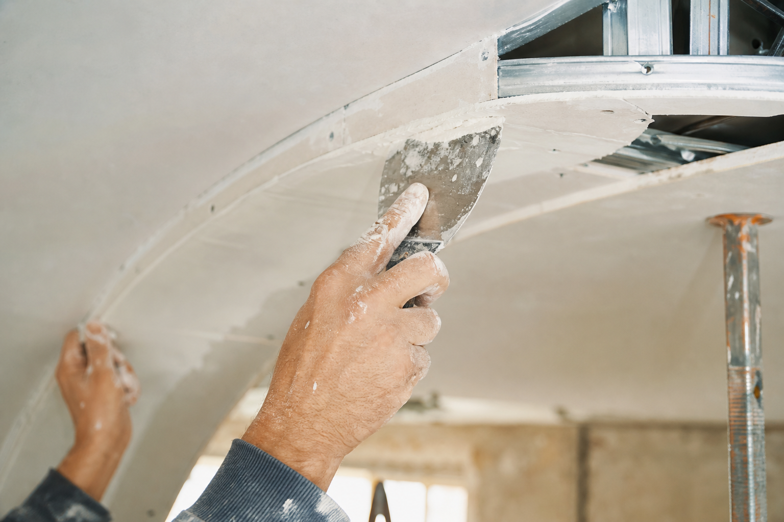 Posa di controsoffitto in cartongesso con profilo curvo in lavorazione