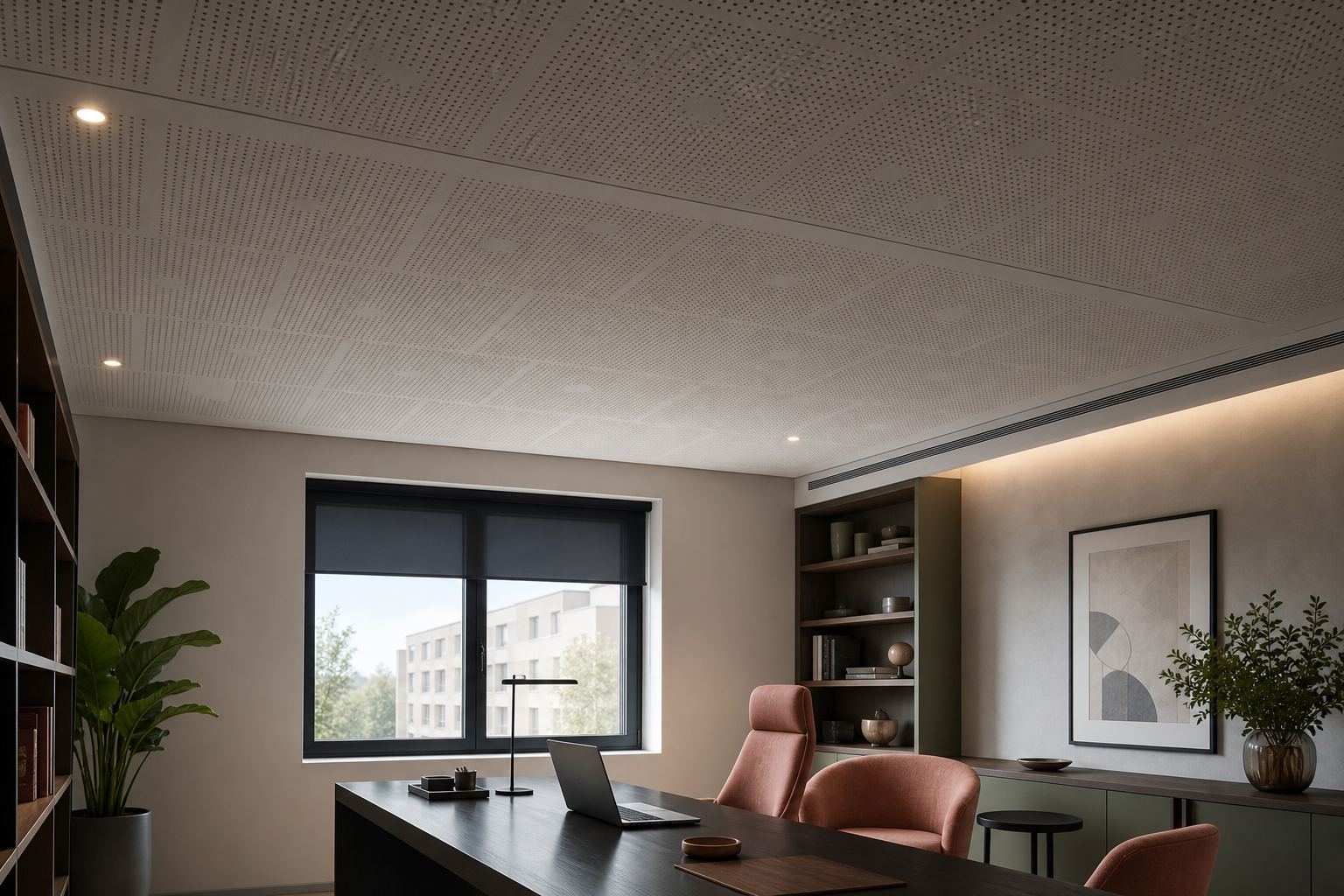 Pannelli fonoassorbenti installati in un controsoffitto di un ufficio