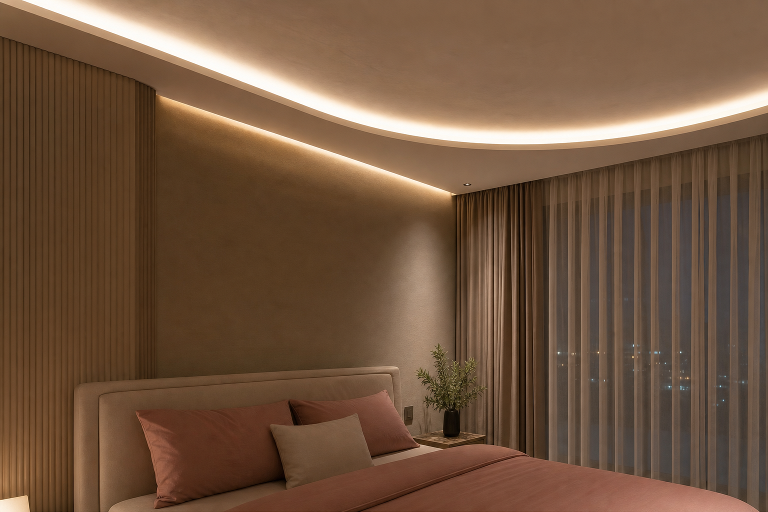 Controsoffitto curvo con velette luminose a LED per illuminazione indiretta